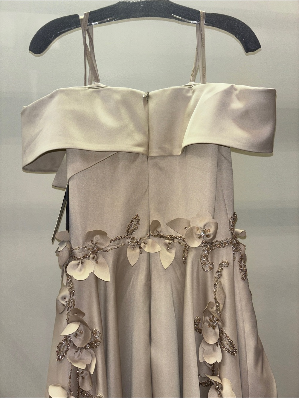 Terani Couture 5317 Taupe Off-Shoulder Evening Gown with Floral Appliqué - Picture 7 of 11